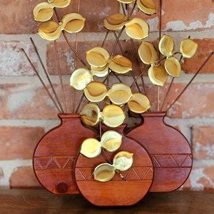 Vintage Mid Century Boho Brass & Wood Flower Pot Vase 3D Wall Hanging Decor